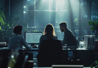 Diverse team collaborates in modern office setting.