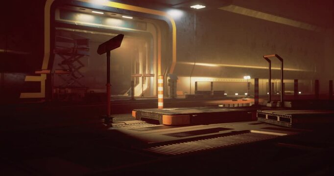 A spacious industrial interior features low lighting with bright accents. Equipment is scattered around, creating a sense of ongoing construction activity.
