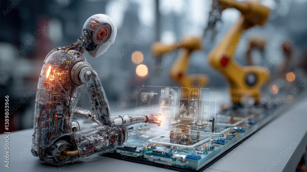 Fototapete humanoid robot with exposed circuits is analyzing data on futuristic assembly line, surrounded by robotic arms. scene conveys sense of advanced technology and innovation