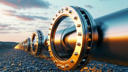 Industrial pipeline with metallic flanges extending into the horizon