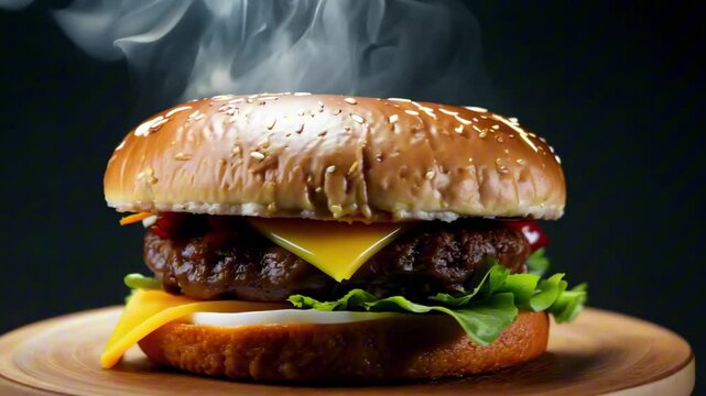 Close-up of freshly grilled cheeseburger with melting cheese, lettuce and tomatoes on wooden board against dark background. Concept for fast food advertising