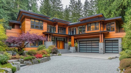 Obraz premium Newly constructed wooden home with fresh timber, modern design, and clean gravel landscaping