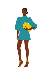 Beautiful black woman wearing fashionable clothes for evening event, cocktail or party. Pretty african american girl in luxury dress standing