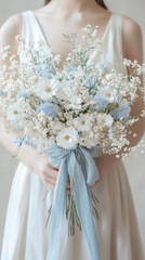 Fototapeta premium Rustic freshly gathered meadow bouquet of daisies for bridesmaid with soft linen ribbon in blue background. 