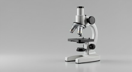 Close-up of a modern digital microscope on a glossy surface with soft shadows, neutral background and free space on the right for text