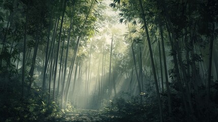Naklejka premium Mystical bamboo forest path, sunlit, misty