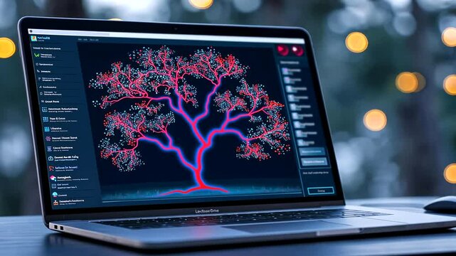 Data visualization tree on laptop, nighttime bokeh background