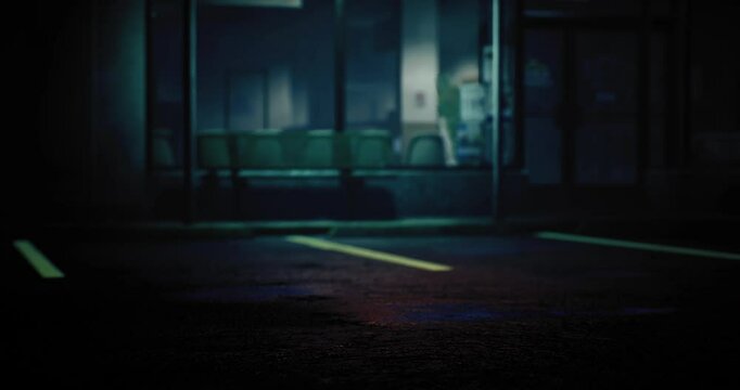 An empty parking lot bathed in low lighting creates a mysterious atmosphere. Shadows stretch across the ground while the surrounding buildings loom in the darkness.