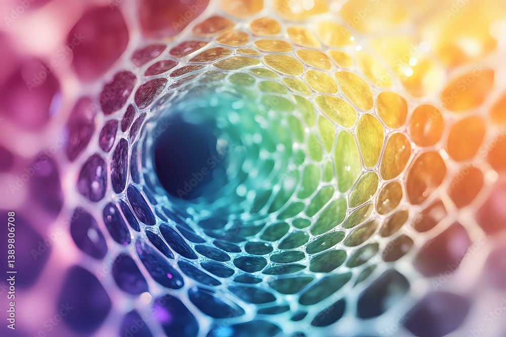 Poster colorful abstract tunnel made of hexagonal cells in rainbow spectrum colors, creating depth perspect