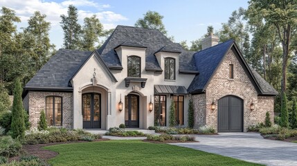 Single story traditional home with slate roof, brick walls, and lush trees overhead