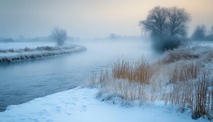 A serene foggy river scene during a cold winter morning