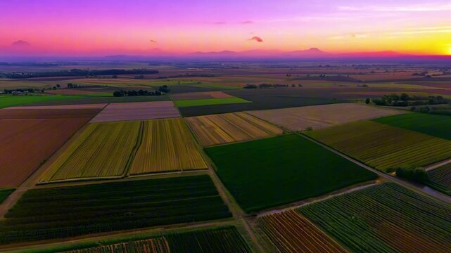 Aerial view of colorful farmland in geometric patterns during vibrant sunset over flat countryside. Concept of agricultural development and rural landscape