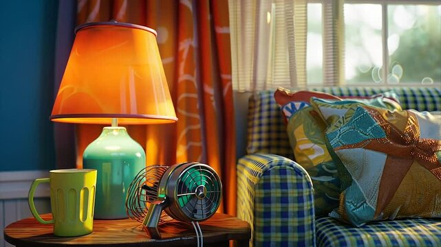 Cozy living room corner with lamp, fan, and colorful decor