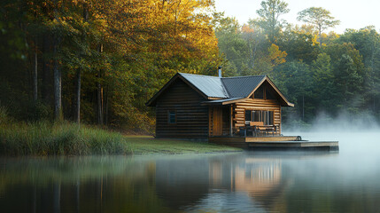 Obraz premium Cozy cabin by misty river with dock and autumn trees