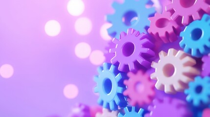 Colorful gears arranged dynamically with a soft, bokeh background, creating a visually appealing and modern design.