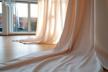 Drapes cascade gracefully down in a sunlit room, creating a warm and inviting ambiance that enhances the beauty and spaciousness of the contemporary interior.
