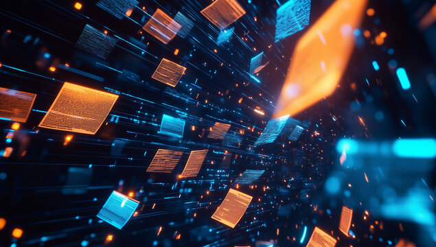 Digital background featuring digital documents floating in the air.