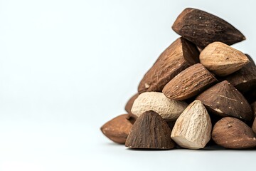 Obraz premium Fresh brazil nuts in shell pile on white background, showing natural organic texture and varying shades of brown, suitable for healthy eating and nutrition concepts.