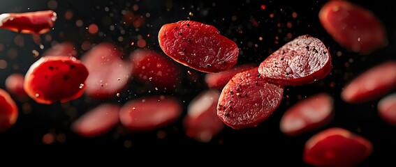 Fototapeta premium Red blood cells floating in plasma against dark background with dramatic lighting and depth of field effect, medical science visualization concept.