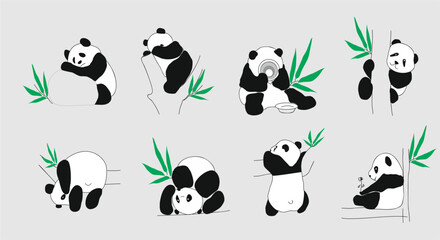 Set of little cute baby pandas in different poses - sitting, lying, hanging on the tree branch, eating, holding flower. Adorable animals with bamboo leaves. Vector cartoon illustrations isolated © Creative_Juice_Art