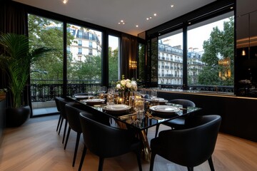 This image showcases a sophisticated dining area with a striking view of classic Parisian architecture, capturing the essence of urban elegance and modern design.