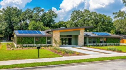 Sustainable flat roof home with green walls, solar panels, and energy-efficient architecture