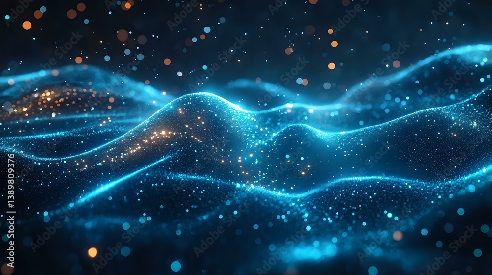 Poster glowing blue waves of light with floating particles create dynamic motion against dark background. a