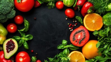 A Colorful Circular Display of Fresh Fruits and Vegetables Including Tomatoes, Oranges, Peppers, Broccoli, and Herbs on a Dark Background