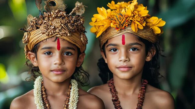 Young boys with painted faces and props reenact scenes from the Ramayana during Dussehra, celebrating the triumph of good over evil. High quality 4k footage