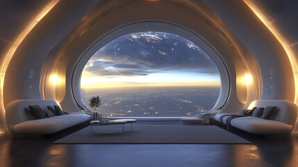 futuristic space lounge with stunning Earth view through large window