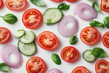 Vibrant sliced tomatoes cucumbers red onions basil leaves creating a fresh healthy salad image with