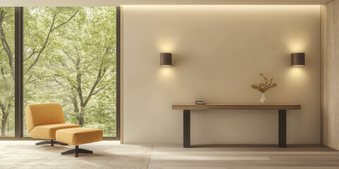 Fototapeta premium Contemporary living space with yellow chair and natural light in a serene setting