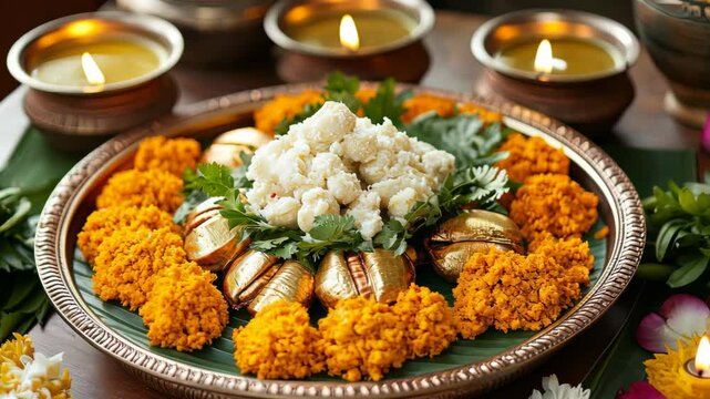 A traditional Indian brass thali with roli, rice, sweets, and diya, prepared for Raksha Bandhan, ready to bless the bond between siblings. High quality 4k footage