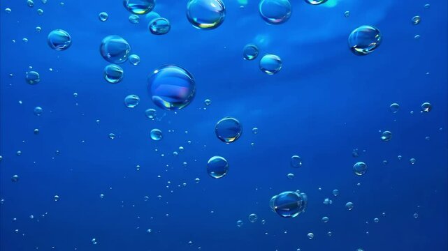A deep blue background with floating iridescent bubbles that shimmer and reflect vibrant rainbow colors as they move gently through the scene.