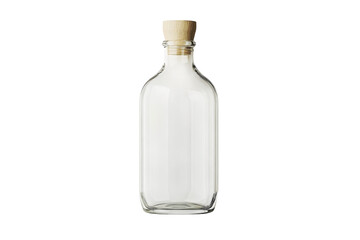 Elegant empty glass bottle with cork stopper against a bright white background minimalist product