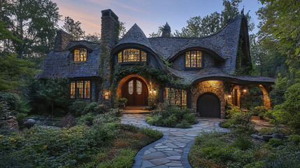 Obraz premium Storybook style home with curled shingles and lush garden at dusk