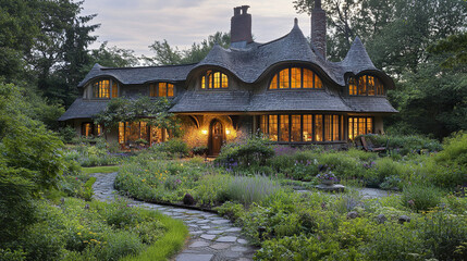 Storybook style home with curled shingles and lush garden at dusk