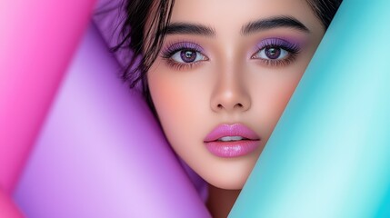 Make up and purple blush concept. A close-up portrait of a person with vibrant makeup, framed by colorful backgrounds, emphasizing their striking features and artistic expression.