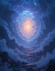 A vibrant painting depicting fluffy white clouds drifting across a deep indigo sky, scattered with shimmering stars that twinkle like diamonds against the night backdrop.