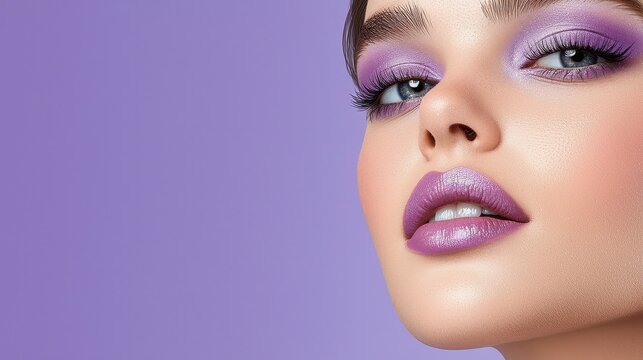 Make up and purple blush concept. Make up and purple blush concept. A stylish close-up of a woman showcasing vibrant purple makeup against a soft lavender background, highlighting her eyes and lips.