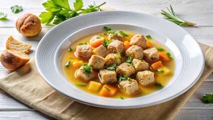 Savory Chicken Bouillon in a White Plate with Juicy Meatballs and Crispy Croutons , nourishment, food,  nourishment, food