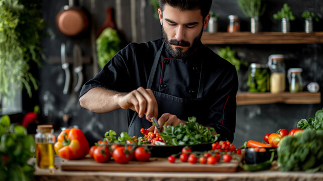  Focused chef preparing fresh organic vegetables in rustic kitchen for culinary blog headers, healthy cooking tutorials, and farm-to-table restaurant branding