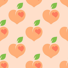 Seamless pattern with cute peaches on a pastel pink background for Valentines Day. Heart shaped peaches background in flat cartoon style. Cute pattern with peach hearts for a wrapping paper, textiles.