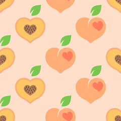 Cute Valentines Day seamless pattern with peaches on a pastel pink background. Heart shaped peach halves background in cartoon style. Vector pattern with peach hearts for wrapping paper, textiles etc.