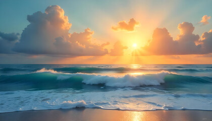 Obraz premium A vibrant sunrise paints the sky as ocean waves gently roll onto the sandy beach at dawn.