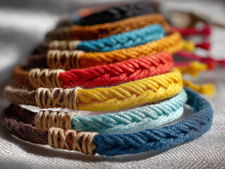 Colorful woven bracelets displayed in a close-up view showcasing intricate designs and textures
