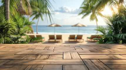 Tropical beach view from wooden terrace ideal for travel booking platforms, resort advertising, wellness retreat flyers, and coastal vacation-themed social media content. Copy space