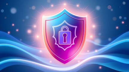 Fototapeta premium Digital Security Concept Illustration with Glowing Shield and Lock Icon on Blue Background with Light Waves and Particle Effects