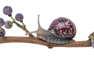 Tiny snail crawls on grapevine branch showcasing vibrant purple shell and detailed textures Soft
