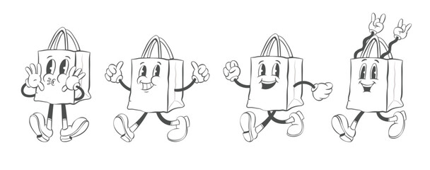 Fototapeta premium Retro groovy shopping mascot, vintage cartoon shopping cart and bags characters, rubber hose style